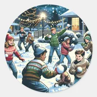 Nostalgic Winter Scene | Children's Snowball Fight Classic Round Sticker