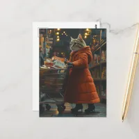 Cute Tabby Cat Shopping for Groceries Postcard