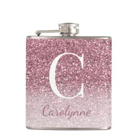 Girly Rose Gold Sparkle Ombre Glitter Monogram Flask