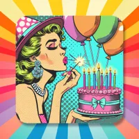 Retro Pop Art Pinup Woman and Birthday Cake Square Sticker