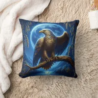 Eagle Perched on Branch Under Full Moon Throw Pillow