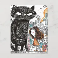 Giant Black Cat and the Girl in the City Postcard