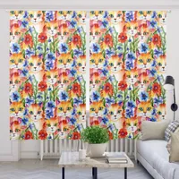 Whimsical Folk Art Watercolor Flowers and Cats Blackout Curtains