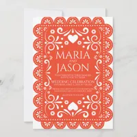Mexican Papel Picado Orange White Folk Art Wedding Invitation