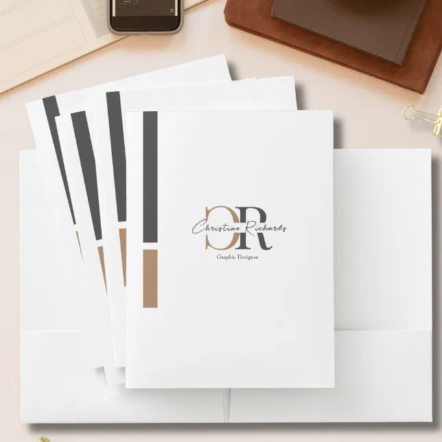 Simple Modern Black Gold Monogram Pocket Folder