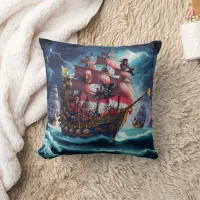 Pirate Ship Battling Stormy Seas at Night Throw Pillow