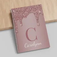 Girly Rose Gold Sparkle Glitter Drips Monogram Notebook