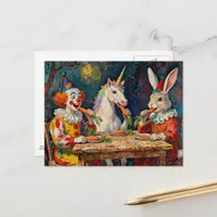 A clown, a unicorn, and a rabbit eating carrots postcard