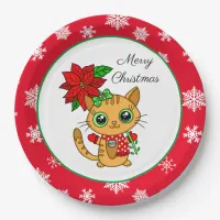 Merry Christmas | Orange Cat with Poinsettia   Paper Plates