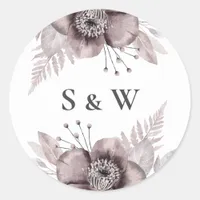 Rustic Watercolor Mauve Floral Botanical Wedding Classic Round Sticker