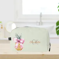 Pink bow pineapple tropical monogram sage green dopp kit