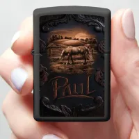 Horse Grazing at Sunset Zippo Lighter