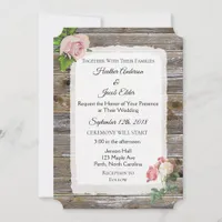 Rustic Wood Pink Rose Elegant Wedding Invitations