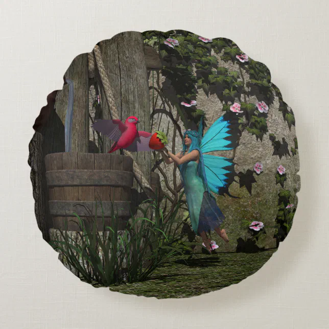 Cute Fairy Feeding a Bird Round Pillow