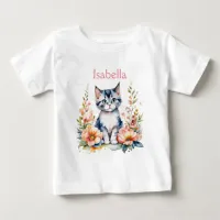 Personalized Gray Kitten in Pink Flowers Baby T-Shirt