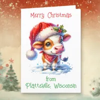 Cute Cow in Santa Hat Personalized Christmas Holiday Card