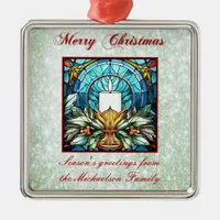 Stained Glass Christmas Candle Holly Green Glitter Metal Ornament