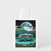 Teal Vintage RV Camper in the Mountains Retro Grocery Bag