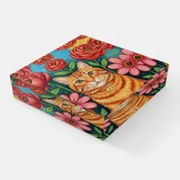 Orange Cat Folk Art Flowers Paperweight