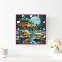 Giraffes under a glowing moon in Africa Square Wall Clock