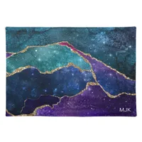 Blue Purple Aqua Gold Veins Agate Monogram Cloth Placemat