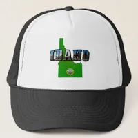 Idaho Map, Seal and Picture Text Trucker Hat
