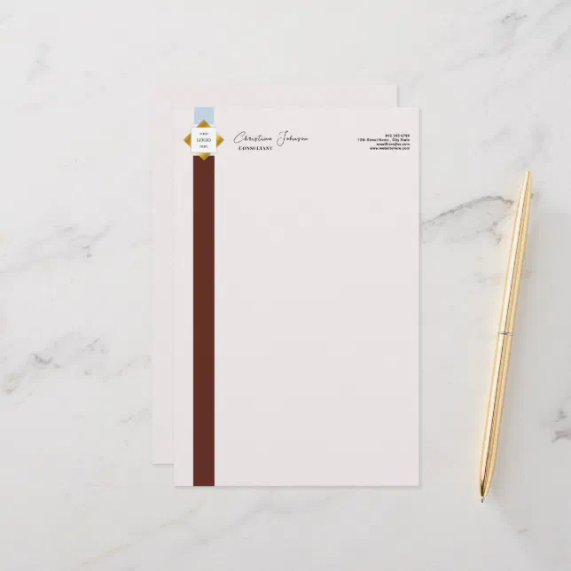 Trendy Brown Stripes Gold Logo Stationery