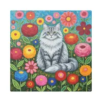 Fluffy Gray Striped Cat with Folk Art Flowers