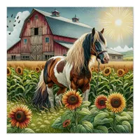 Spotted Horse, Rustic Barn, Sun Rising on Farm Poster