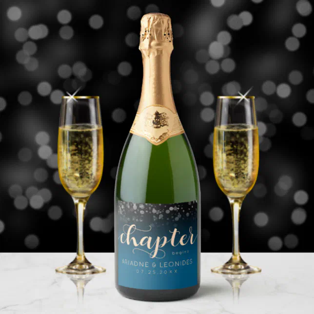 Elegant Peach Oceanic Blue Wedding A New Chapter Sparkling Wine Label