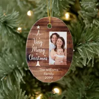 A Very Merry Christmas tree Photo Rustic wood Ceramic Ornament