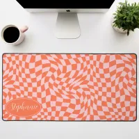  Retro Wave: Modern Wavy Orange Pink Checkerboard Desk Mat