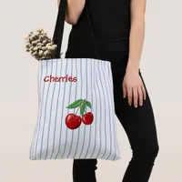 Red Cherries on Blue Stripes Personalized Tote Bag