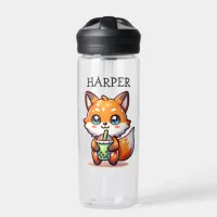 Cute Kawaii Fox with Bubble Tea Personalized Water Bottle