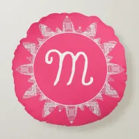 Feminine Rose Pink White Sunray Monogram  Round Pillow