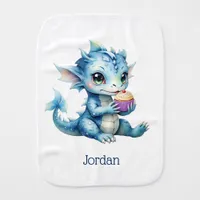 Cute Blue Baby Dragon Eating a Cupcake Baby Burp Cloth