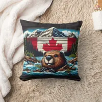 Canadian Beaver With Flag in Mountain Stream Throw Pillow