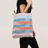 Wide Watercolor Stripes of  Blue Pink Coral Tote Bag