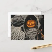 Retro Halloween Woman Scares Cat Postcard