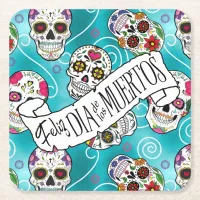 Sugar Skulls and Swirls Rose Turquoise ID725 Square Paper Coaster