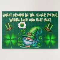 Cute St Patrick's Gnome Sleeping on hunter green | Jigsaw Puzzle