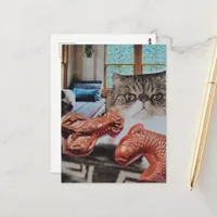 Cute Kitty With Lobster and Fish Collage Postcard