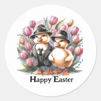 Funny Vintage Easter Ducklings in Suits Pink Tulip Classic Round Sticker