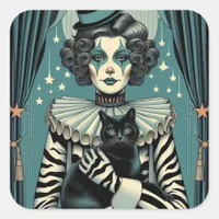 Circus Clown Woman and a black cat Square Sticker