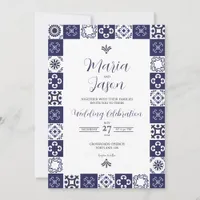 Mexican Talavera Majolica Navy Blue White Wedding Invitation