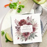 Modern Burgundy Floral Watercolor Wedding Names Napkins