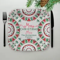 Red Green Nordic Folk Motifs On Linen Christmas Paper Plates