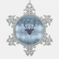 Deer Antlers Silhouette & Snowflakes Blue ID861 Snowflake Pewter Christmas Ornament