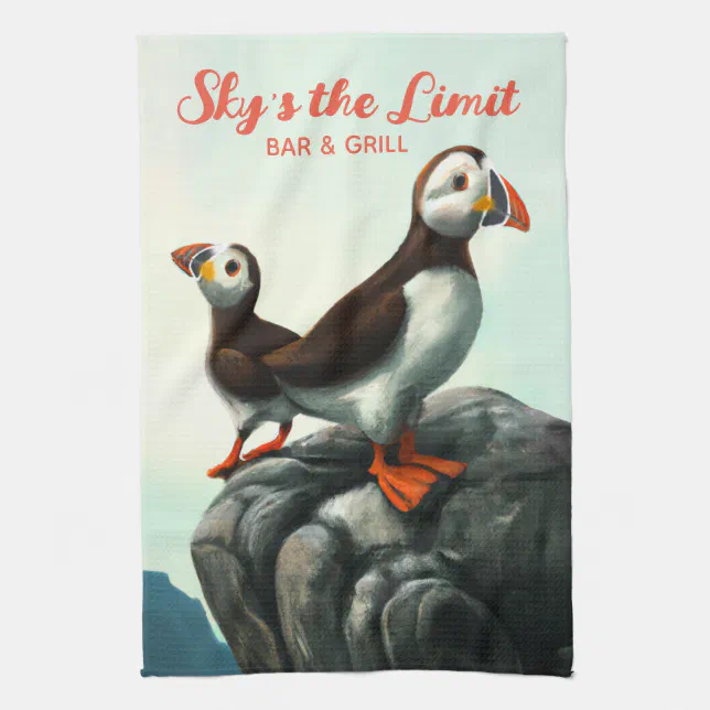 Cute Atlantic Puffins Seabirds on the Rocks Kitchen Towel