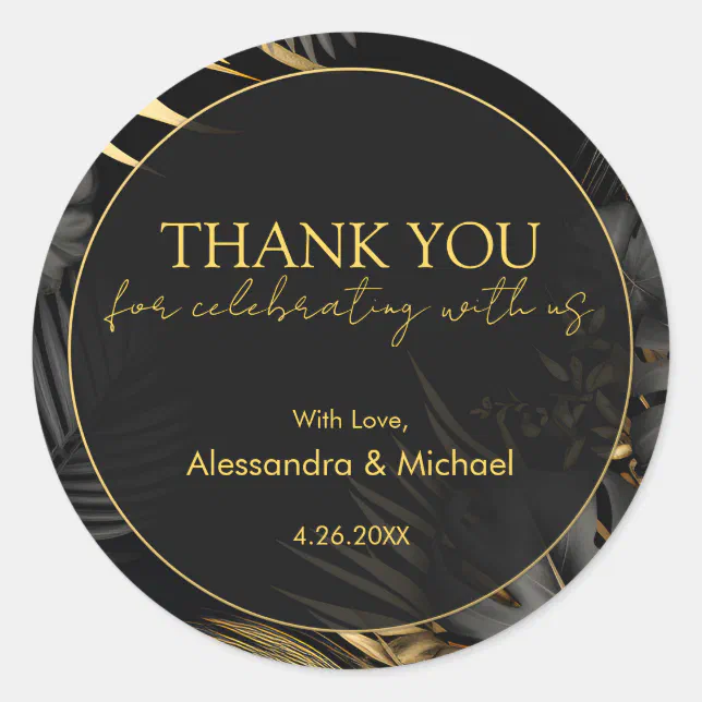 Modern Black Gold Tropical Wedding Thank You Classic Round Sticker